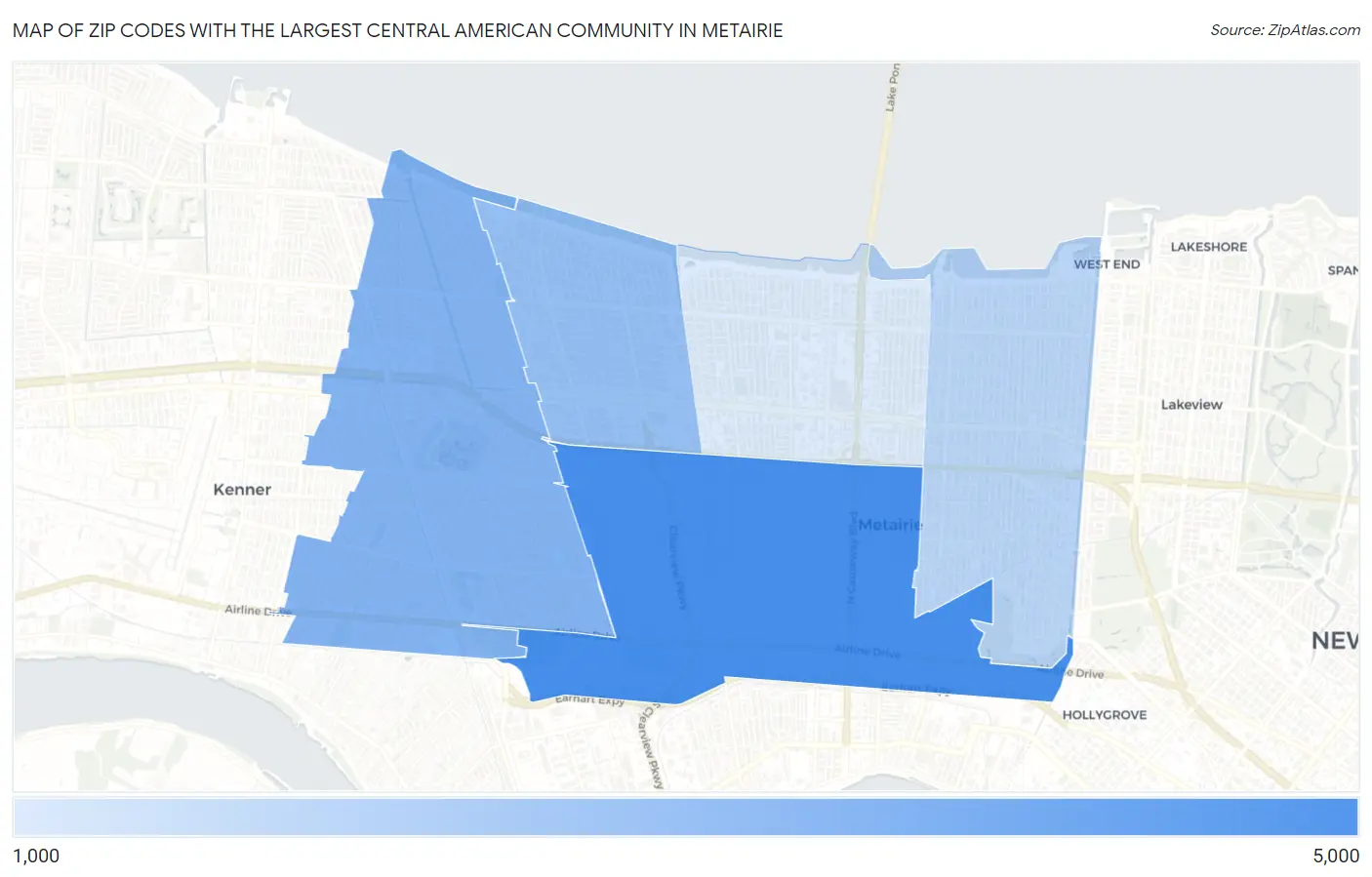 Zip Codes with the Largest Central American Community in Metairie Map