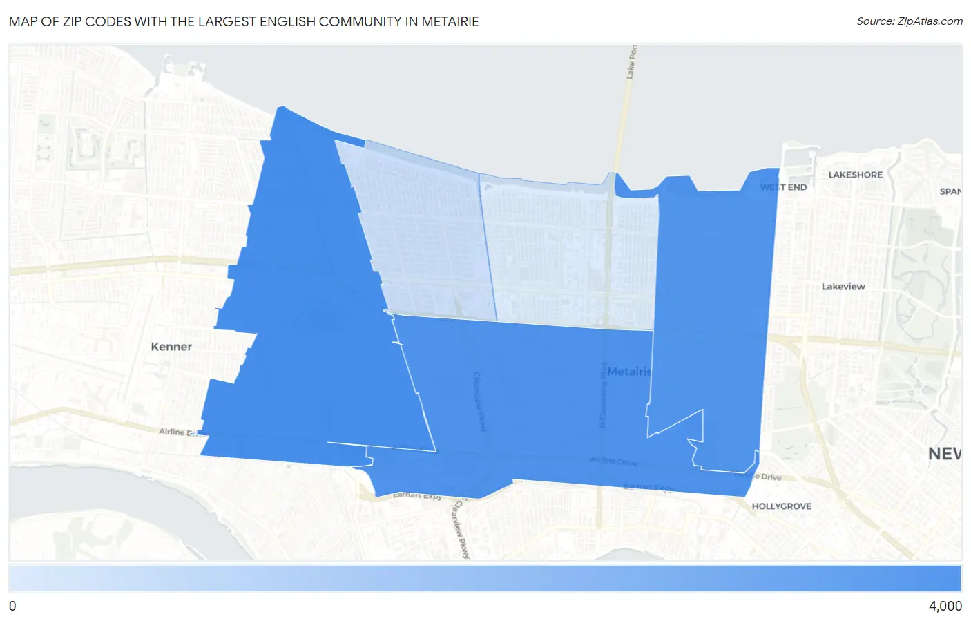 Zip Codes with the Largest English Community in Metairie Map