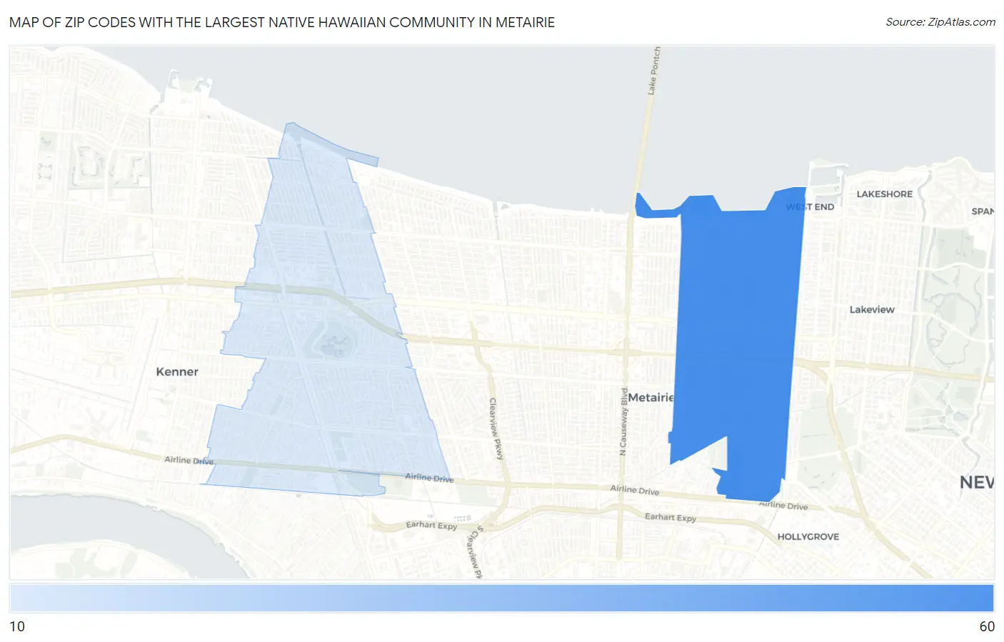 Zip Codes with the Largest Native Hawaiian Community in Metairie Map