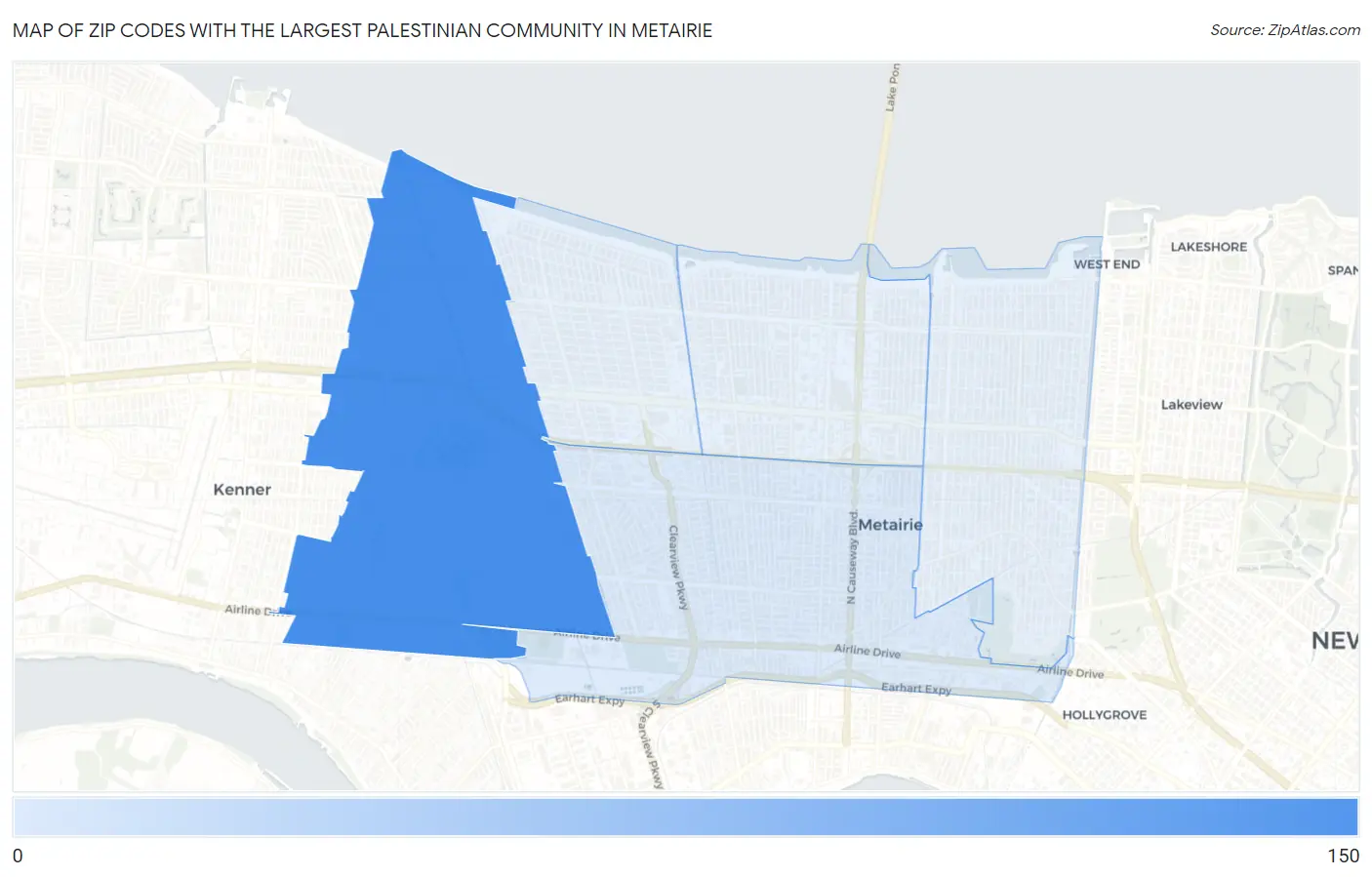Zip Codes with the Largest Palestinian Community in Metairie Map