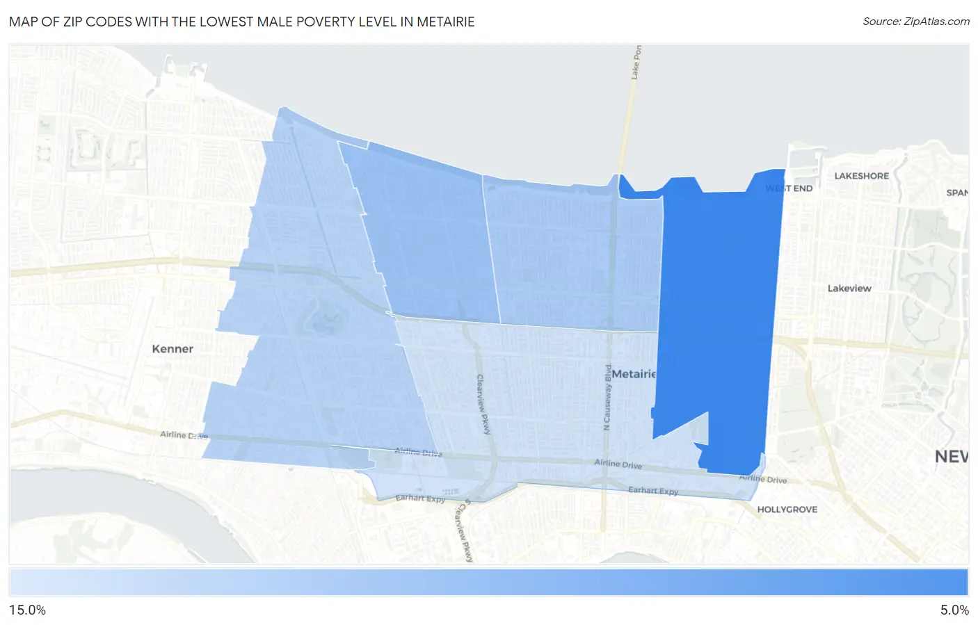 Zip Codes with the Lowest Male Poverty Level in Metairie Map