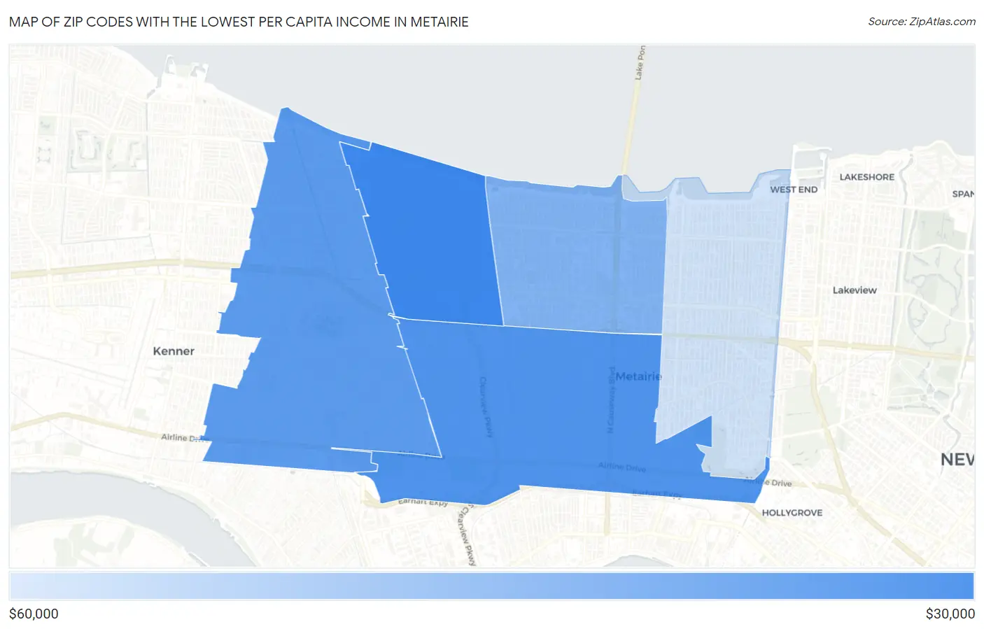 Zip Codes with the Lowest Per Capita Income in Metairie Map