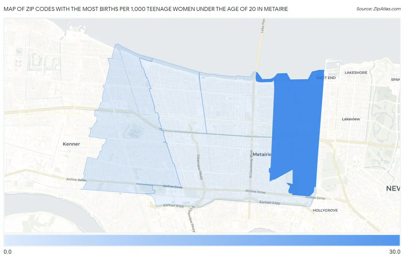Zip Codes with the Most Births per 1,000 Teenage Women Under the Age of 20 in Metairie Map