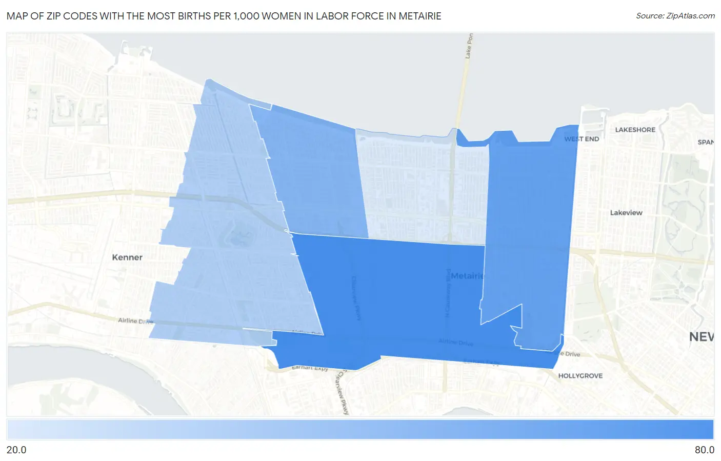 Zip Codes with the Most Births per 1,000 Women in Labor Force in Metairie Map