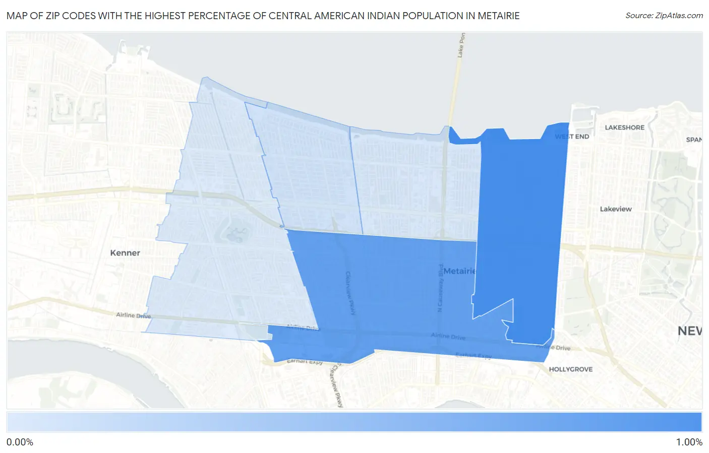 Zip Codes with the Highest Percentage of Central American Indian Population in Metairie Map