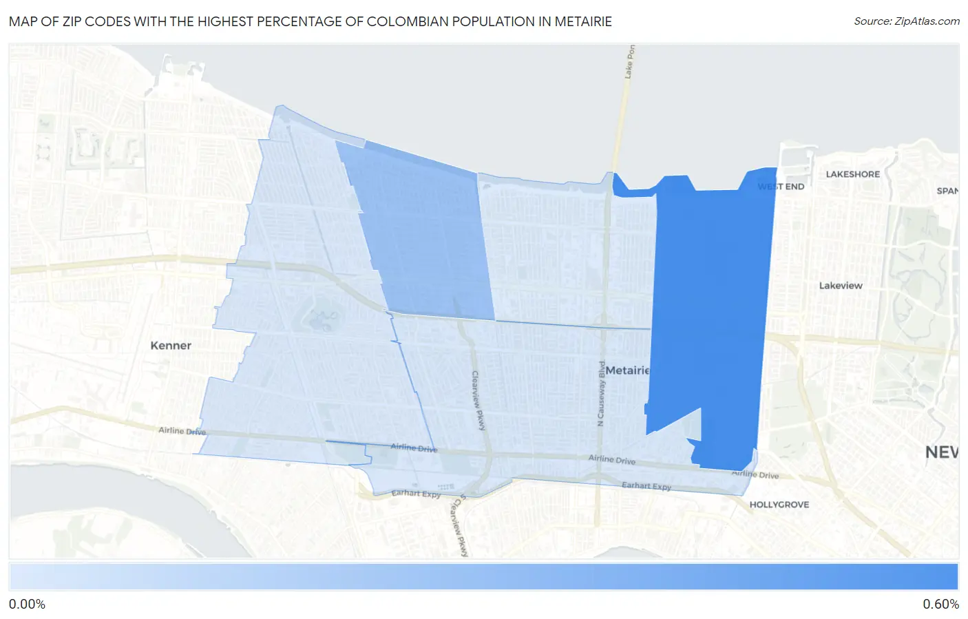 Zip Codes with the Highest Percentage of Colombian Population in Metairie Map
