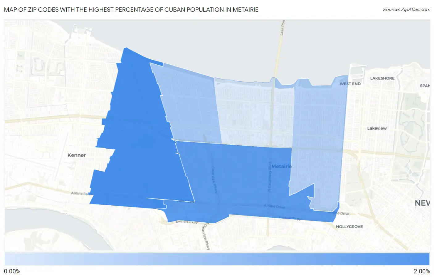 Zip Codes with the Highest Percentage of Cuban Population in Metairie Map