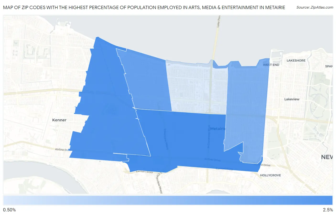 Zip Codes with the Highest Percentage of Population Employed in Arts, Media & Entertainment in Metairie Map