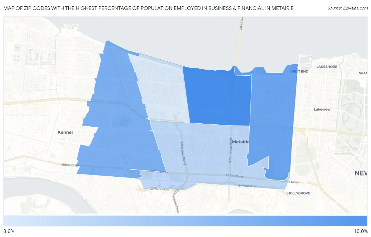 Zip Codes with the Highest Percentage of Population Employed in Business & Financial in Metairie Map