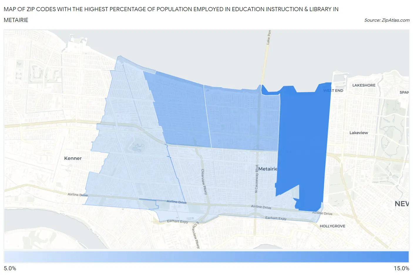 Zip Codes with the Highest Percentage of Population Employed in Education Instruction & Library in Metairie Map
