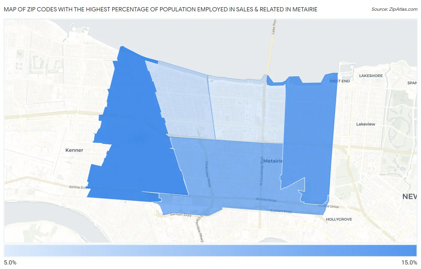 Zip Codes with the Highest Percentage of Population Employed in Sales & Related in Metairie Map