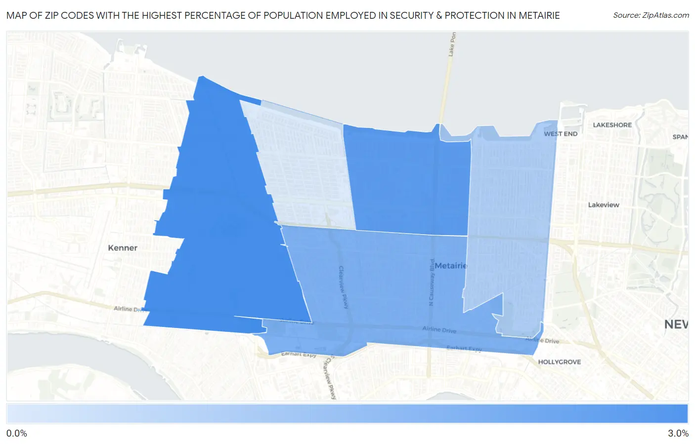 Zip Codes with the Highest Percentage of Population Employed in Security & Protection in Metairie Map