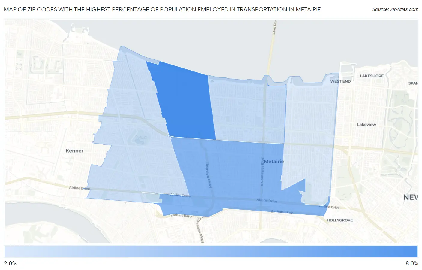 Zip Codes with the Highest Percentage of Population Employed in Transportation in Metairie Map