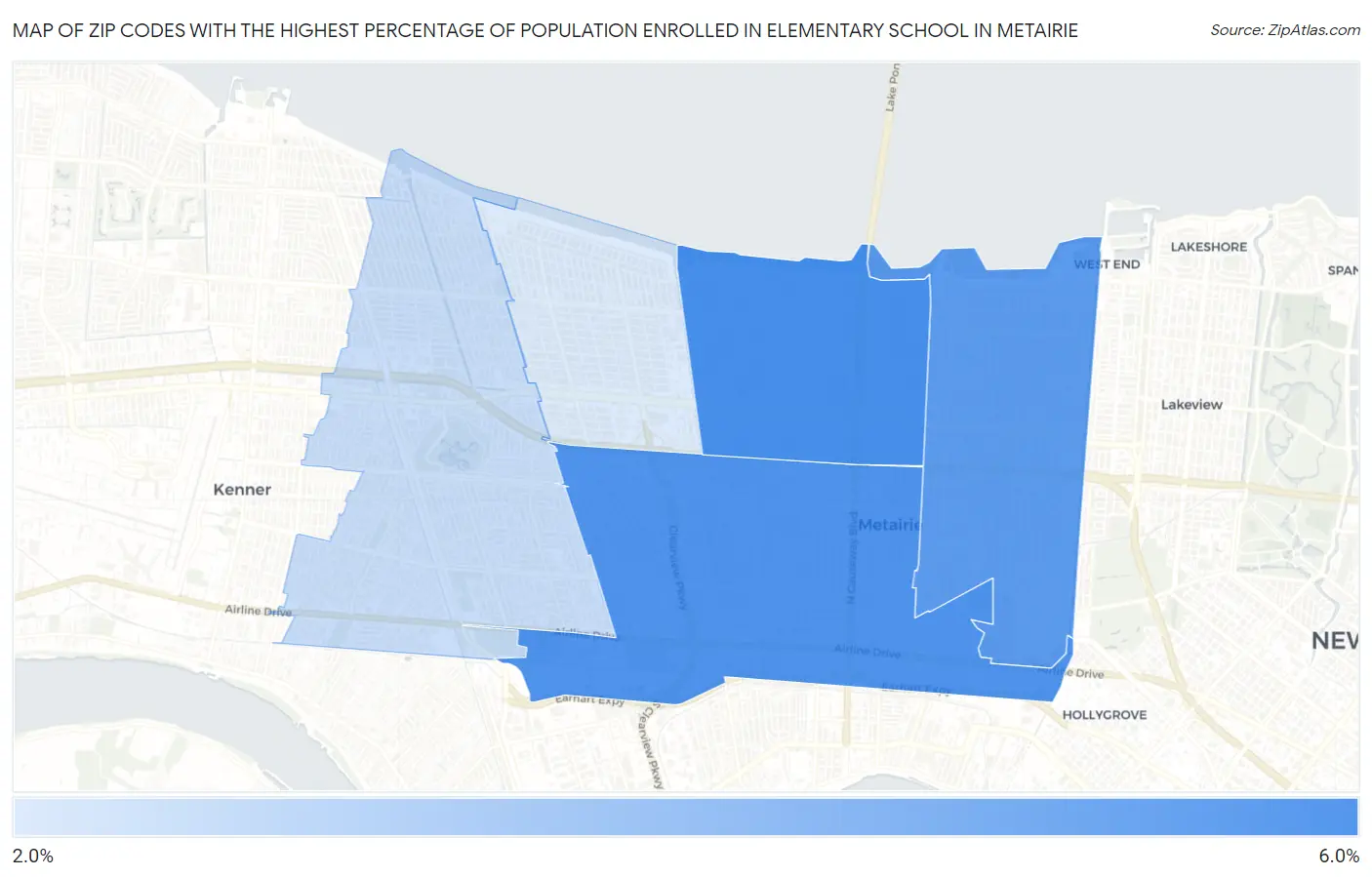 Zip Codes with the Highest Percentage of Population Enrolled in Elementary School in Metairie Map