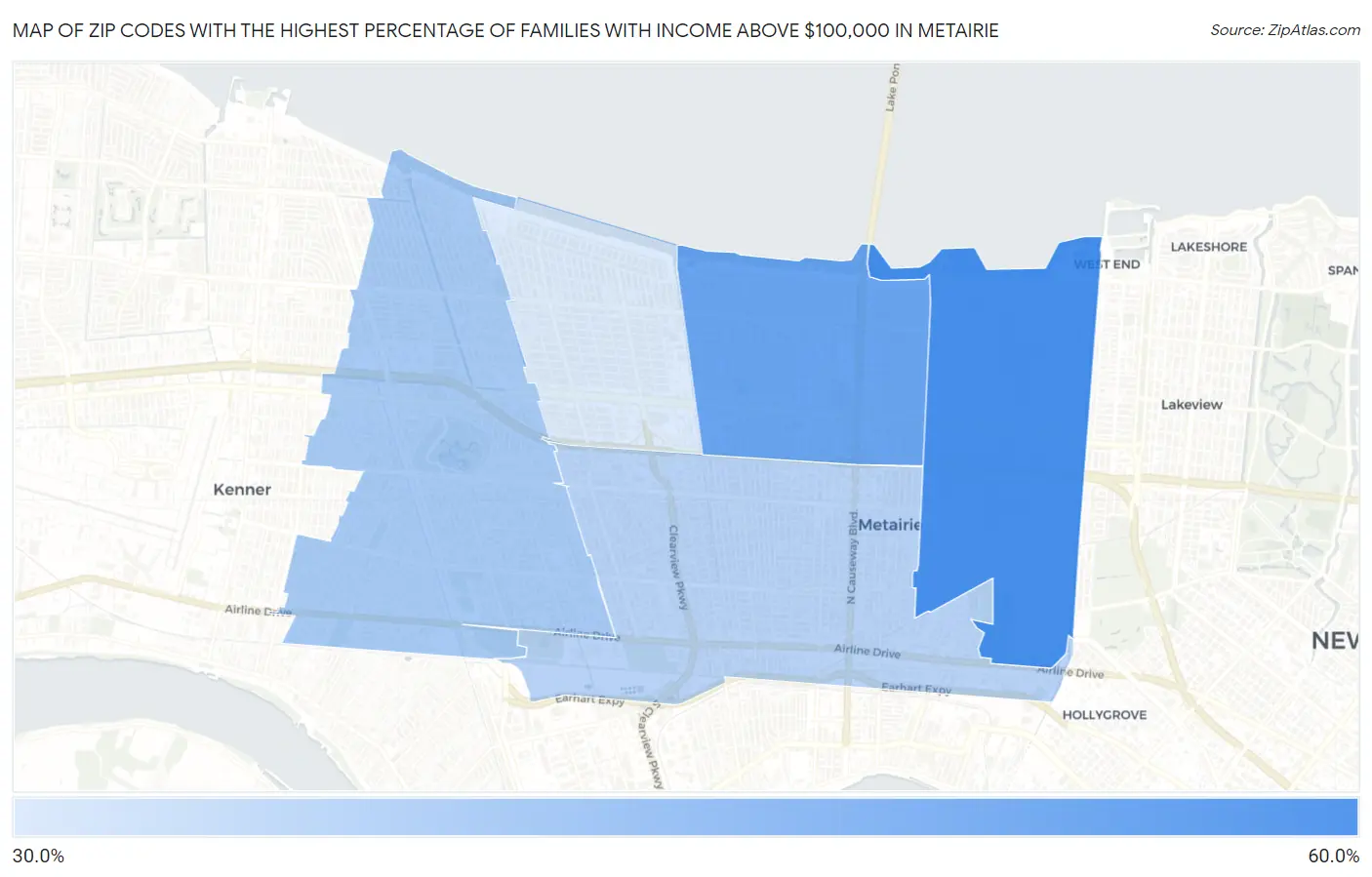 Zip Codes with the Highest Percentage of Families with Income Above $100,000 in Metairie Map