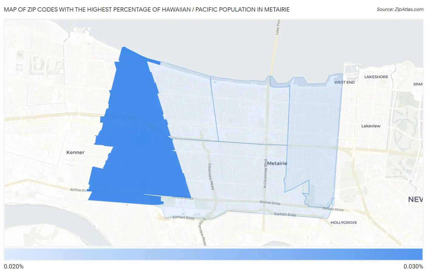 Zip Codes with the Highest Percentage of Hawaiian / Pacific Population in Metairie Map