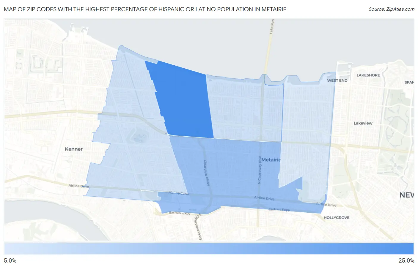 Zip Codes with the Highest Percentage of Hispanic or Latino Population in Metairie Map