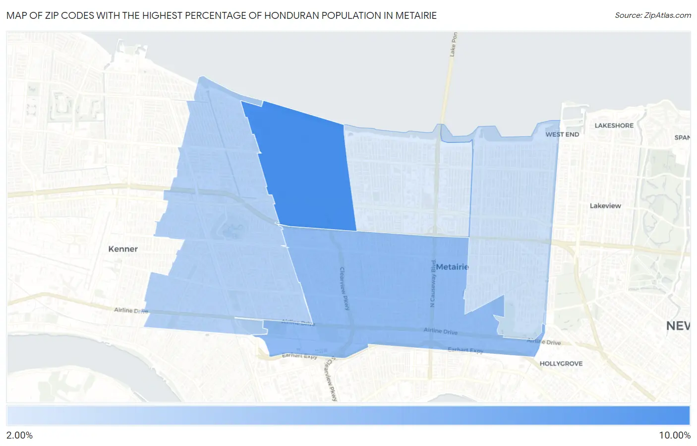 Zip Codes with the Highest Percentage of Honduran Population in Metairie Map