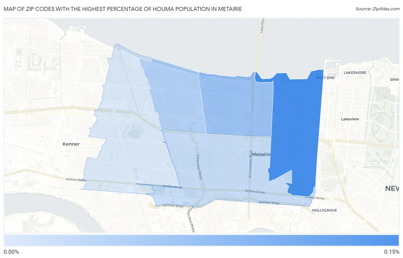 Zip Codes with the Highest Percentage of Houma Population in Metairie Map