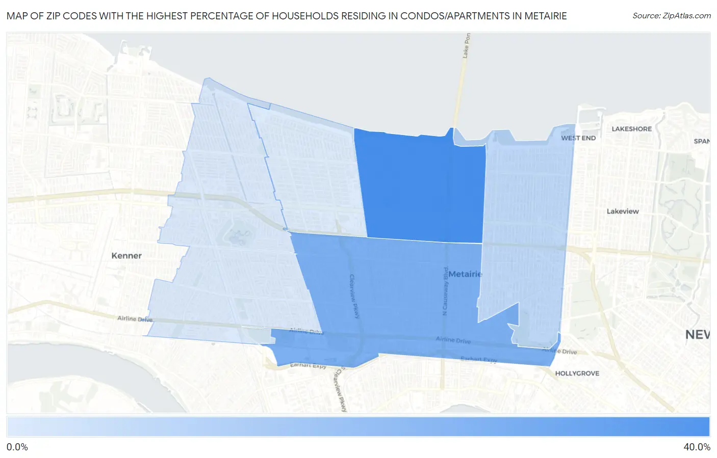 Zip Codes with the Highest Percentage of Households Residing in Condos/Apartments in Metairie Map