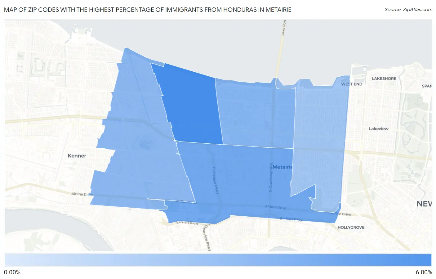 Zip Codes with the Highest Percentage of Immigrants from Honduras in Metairie Map