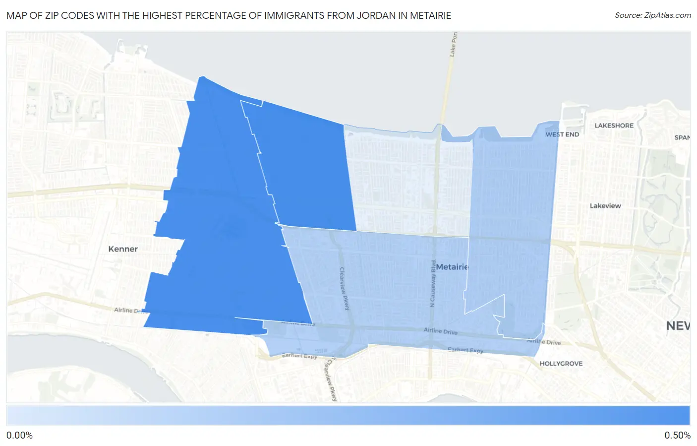 Zip Codes with the Highest Percentage of Immigrants from Jordan in Metairie Map