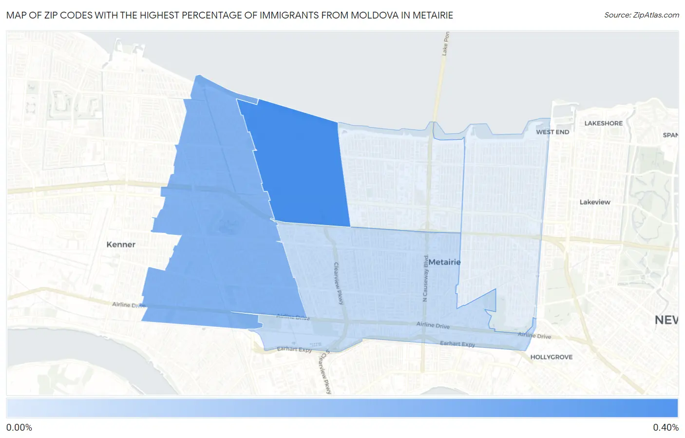 Zip Codes with the Highest Percentage of Immigrants from Moldova in Metairie Map