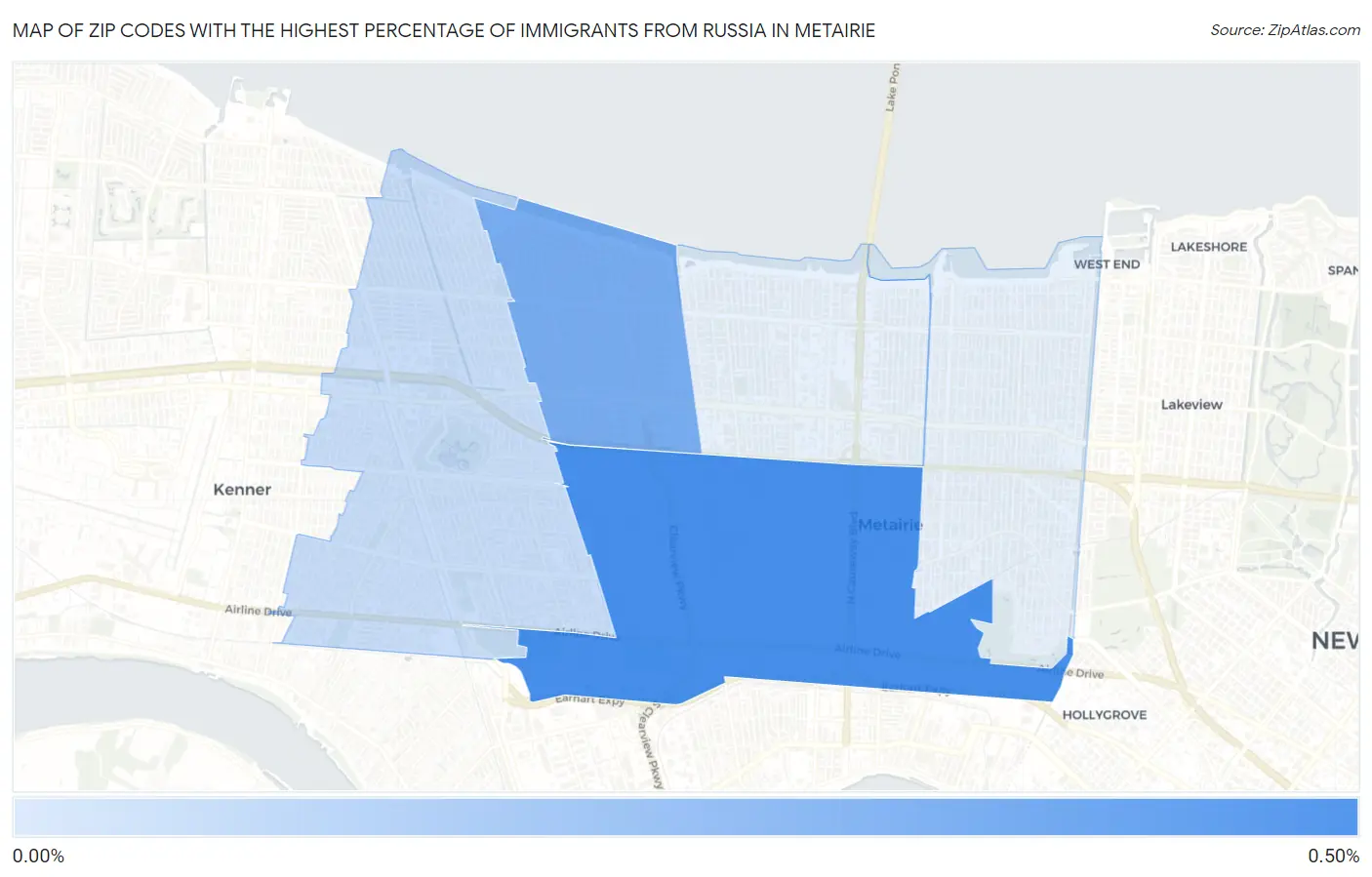 Zip Codes with the Highest Percentage of Immigrants from Russia in Metairie Map