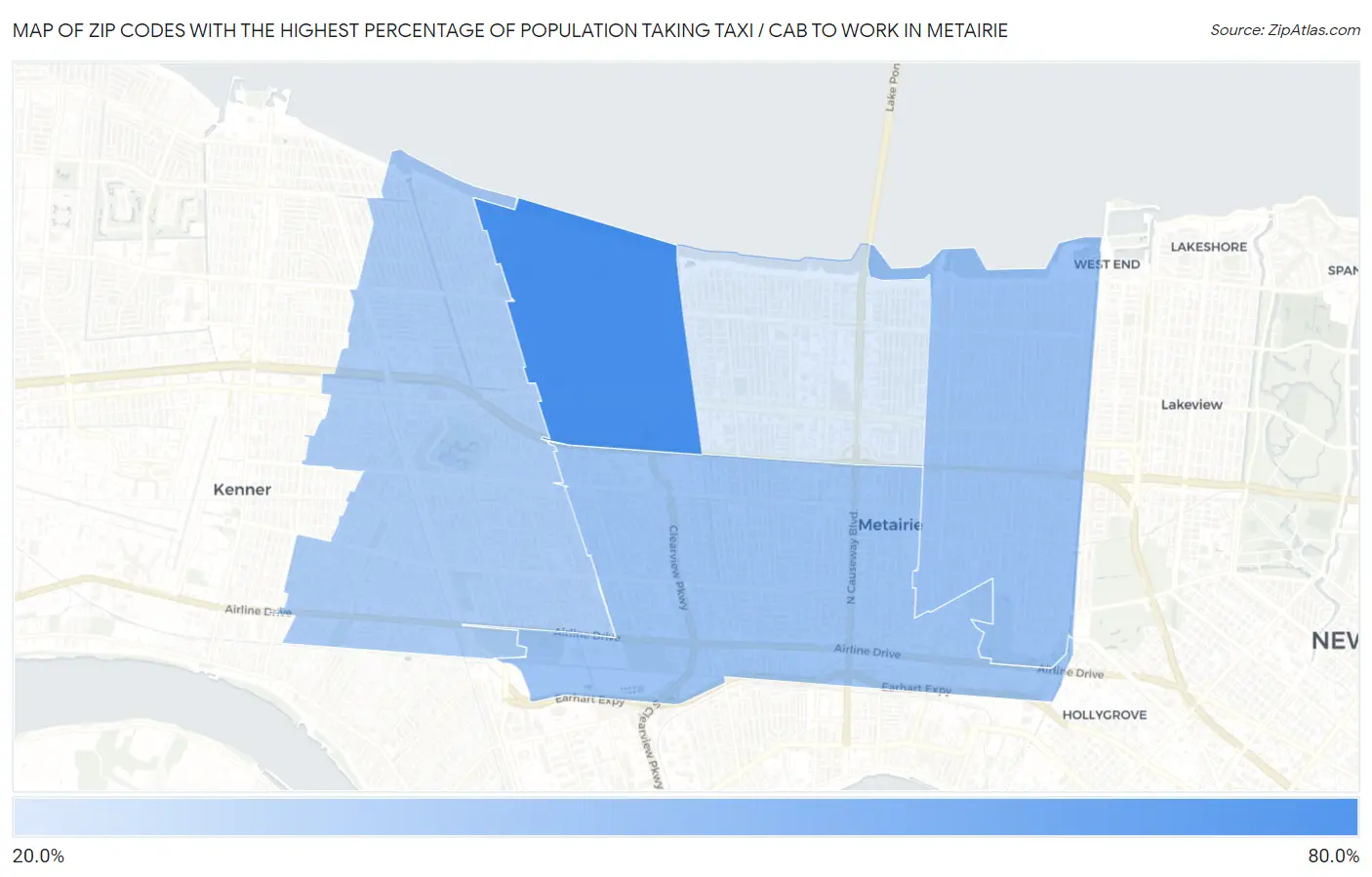 Zip Codes with the Highest Percentage of Population Taking Taxi / Cab to Work in Metairie Map