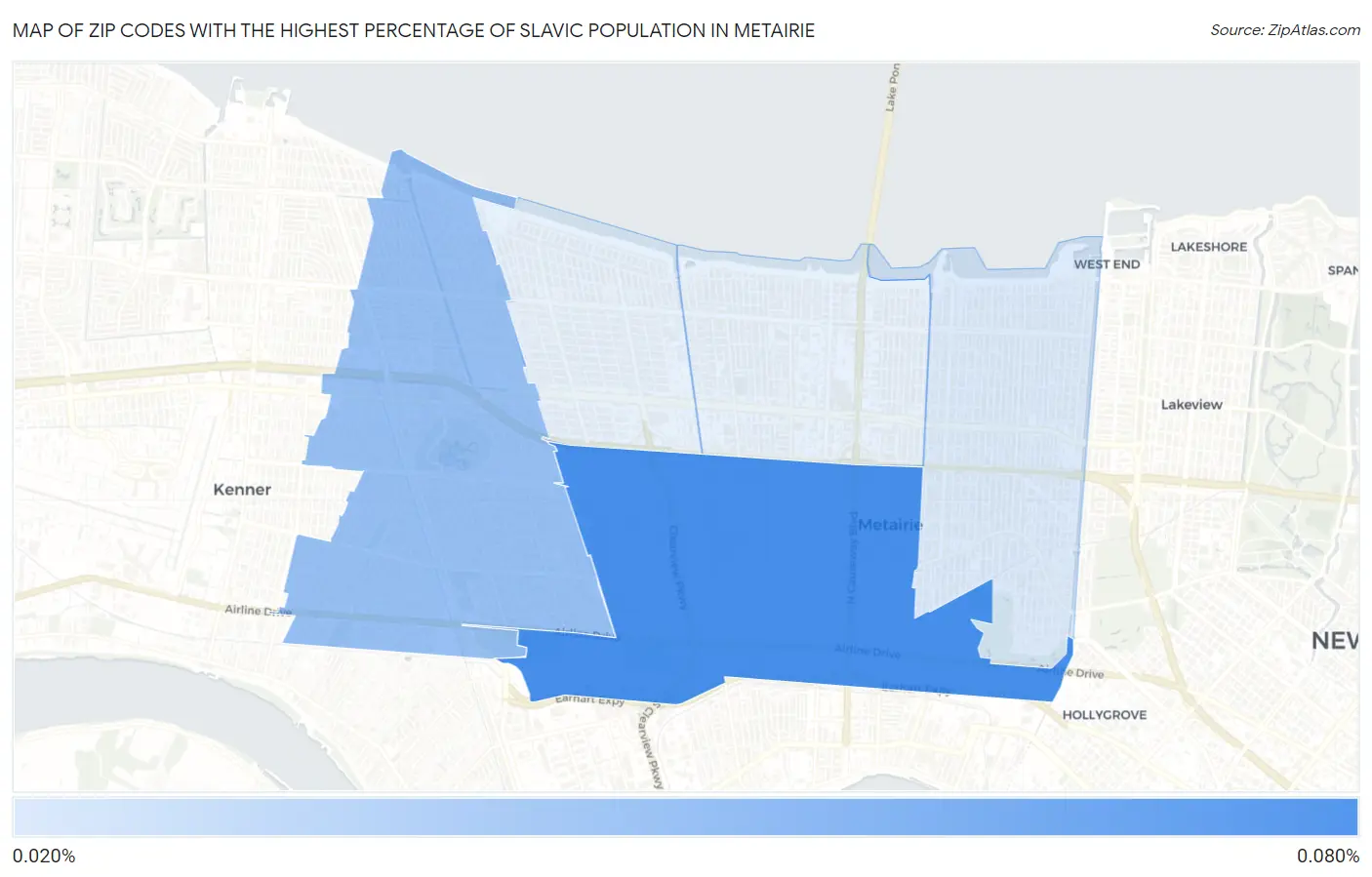 Zip Codes with the Highest Percentage of Slavic Population in Metairie Map