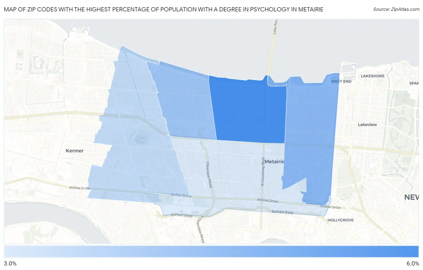 Zip Codes with the Highest Percentage of Population with a Degree in Psychology in Metairie Map
