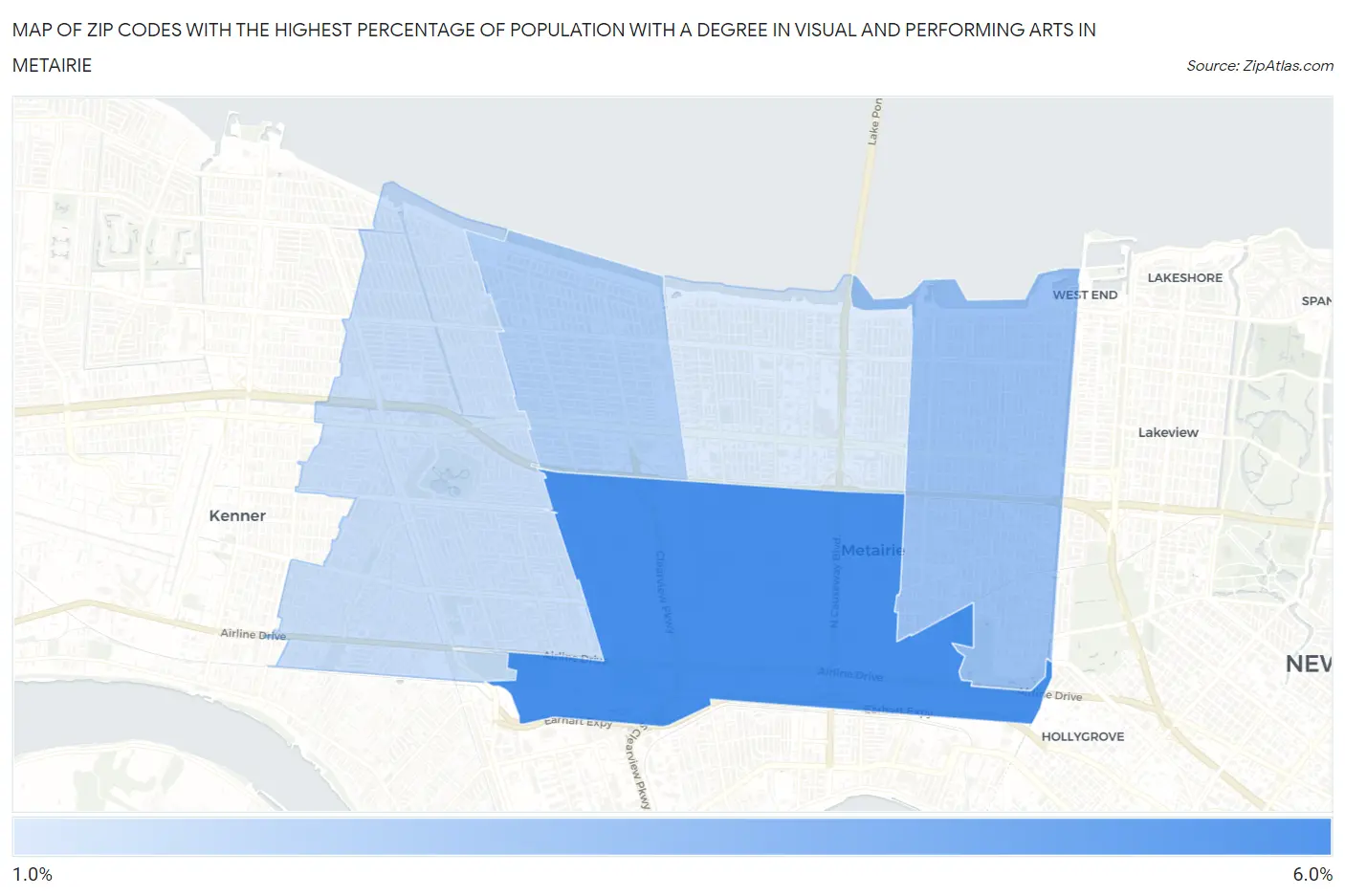 Zip Codes with the Highest Percentage of Population with a Degree in Visual and Performing Arts in Metairie Map