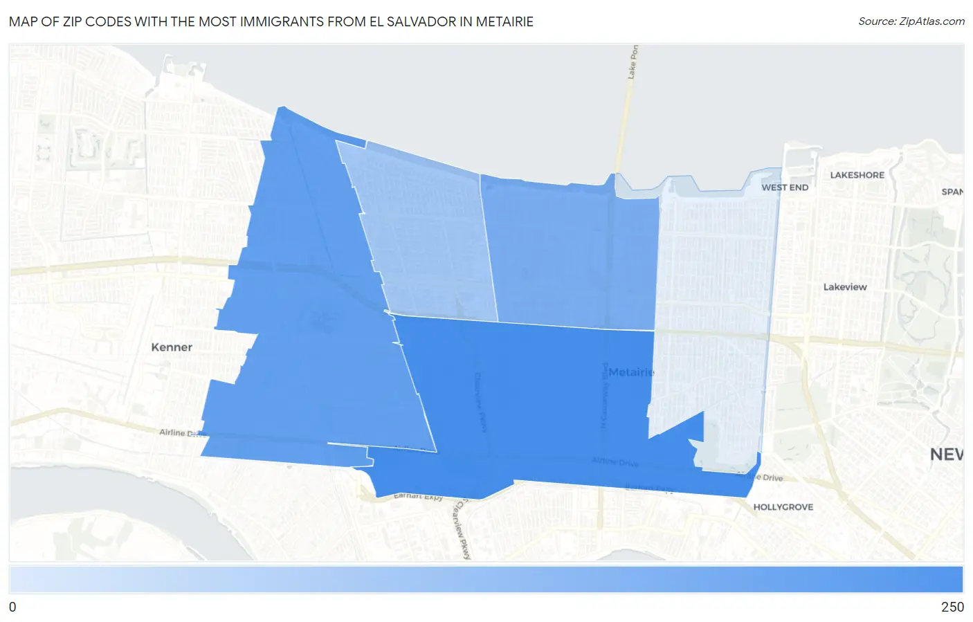 Zip Codes with the Most Immigrants from El Salvador in Metairie Map