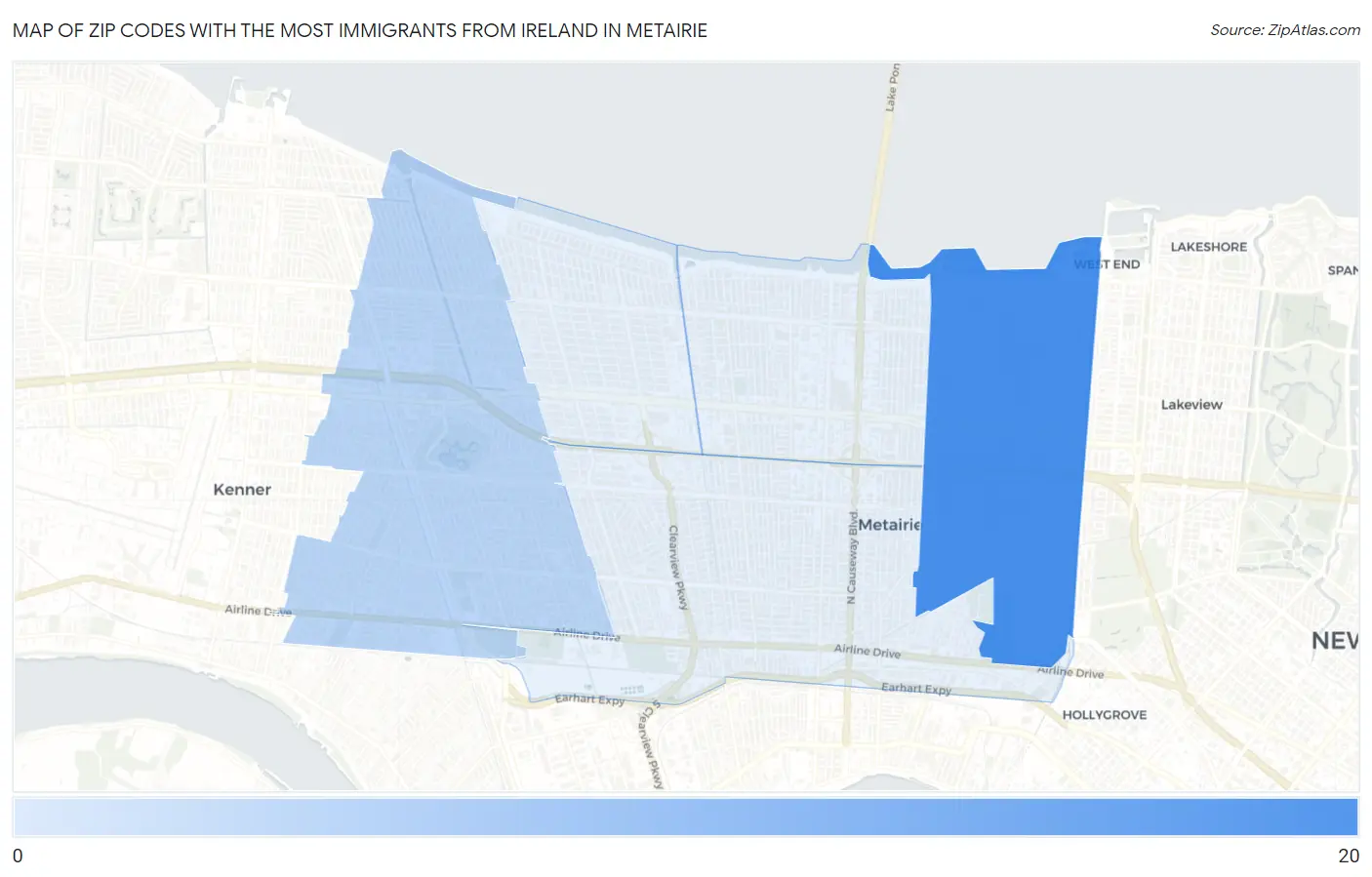Zip Codes with the Most Immigrants from Ireland in Metairie Map