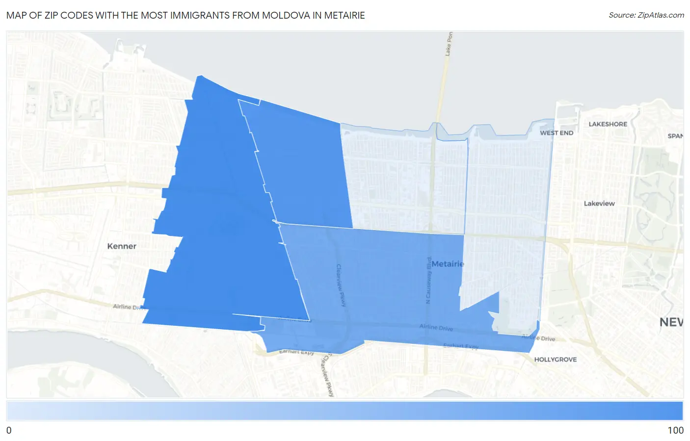 Zip Codes with the Most Immigrants from Moldova in Metairie Map