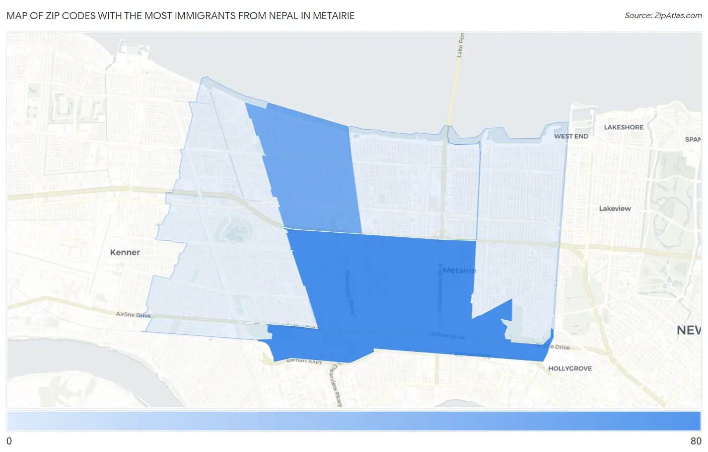 Zip Codes with the Most Immigrants from Nepal in Metairie Map