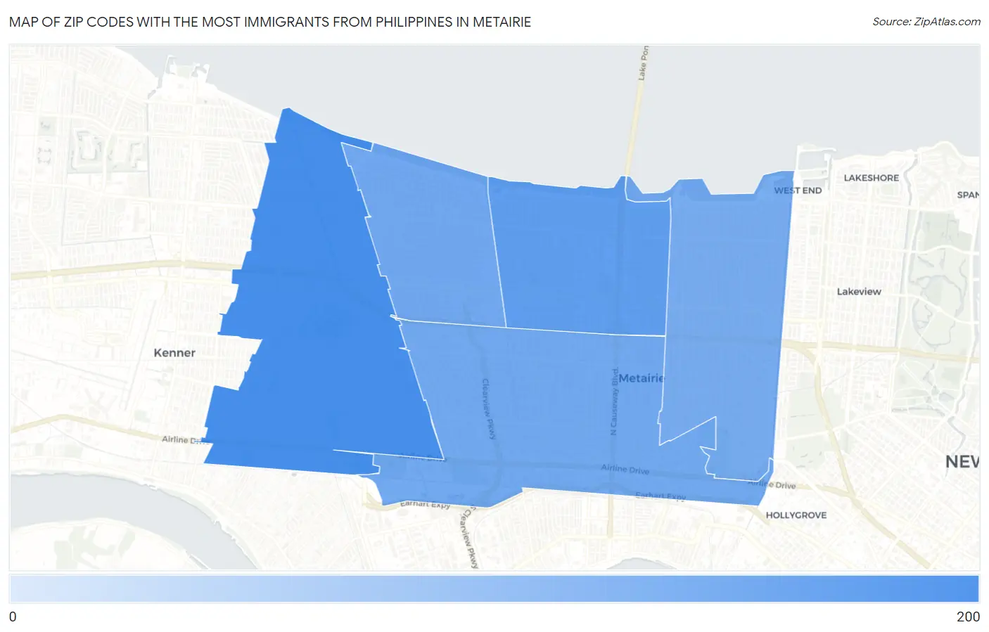 Zip Codes with the Most Immigrants from Philippines in Metairie Map