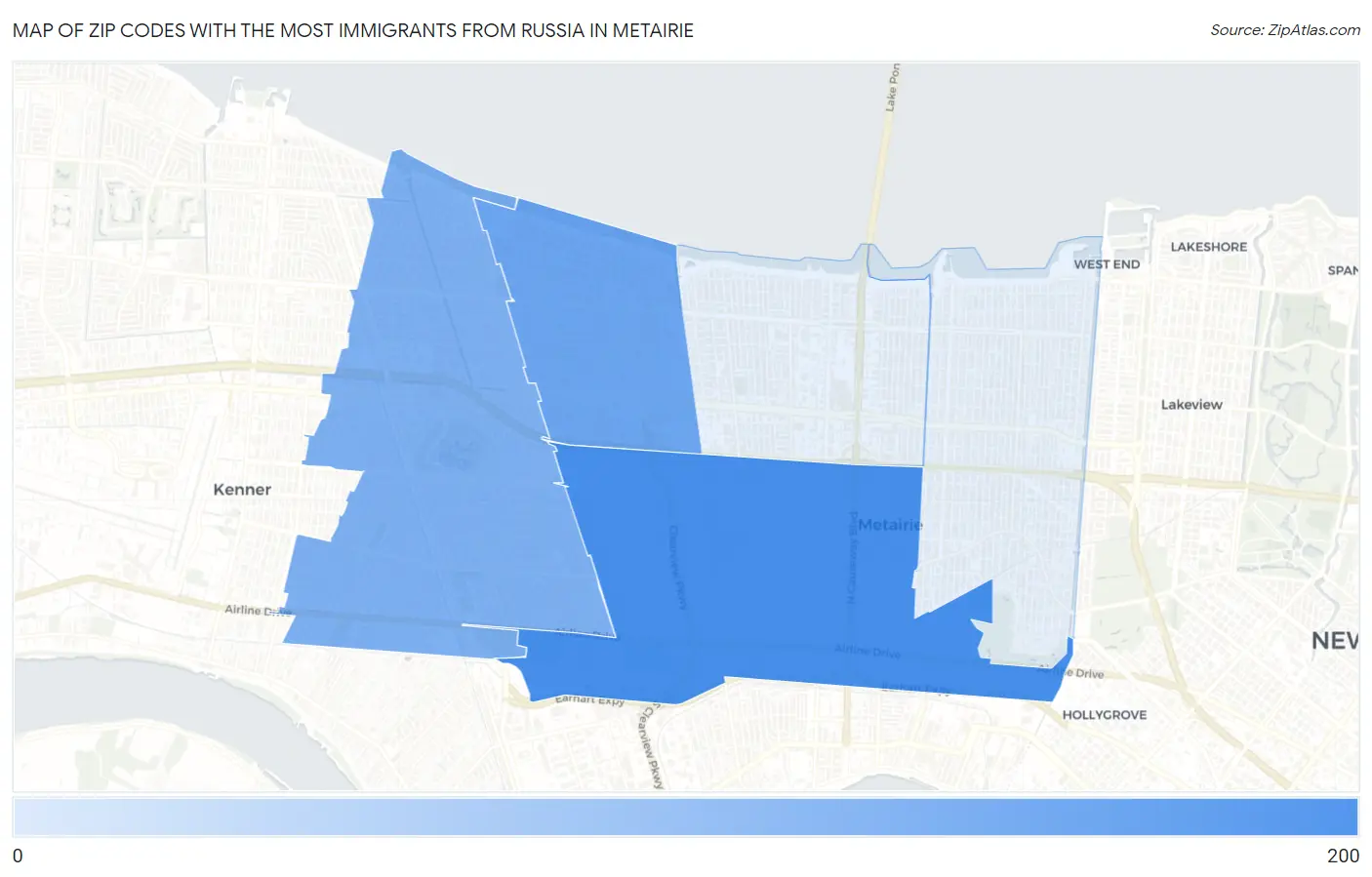 Zip Codes with the Most Immigrants from Russia in Metairie Map