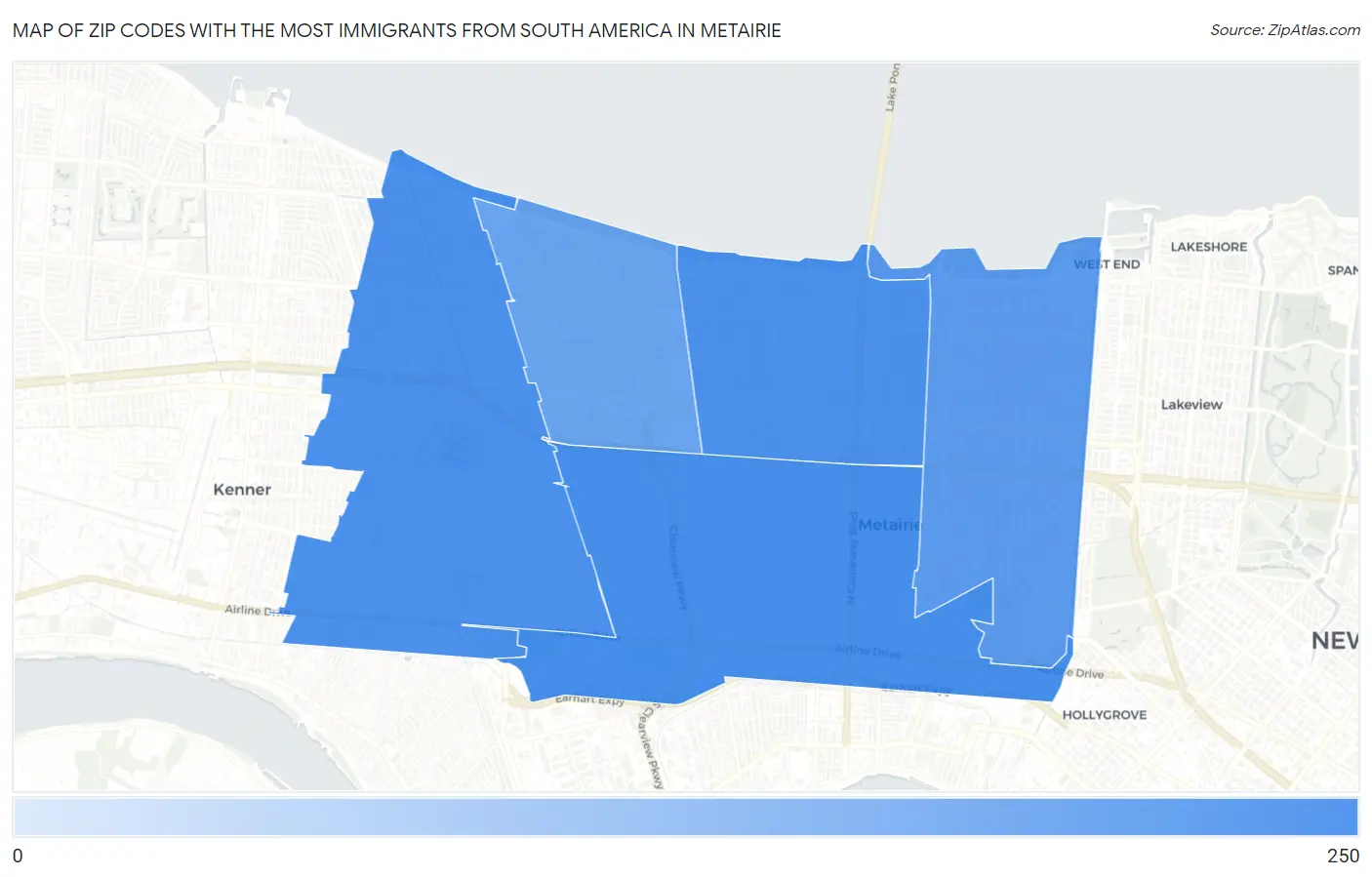Zip Codes with the Most Immigrants from South America in Metairie Map