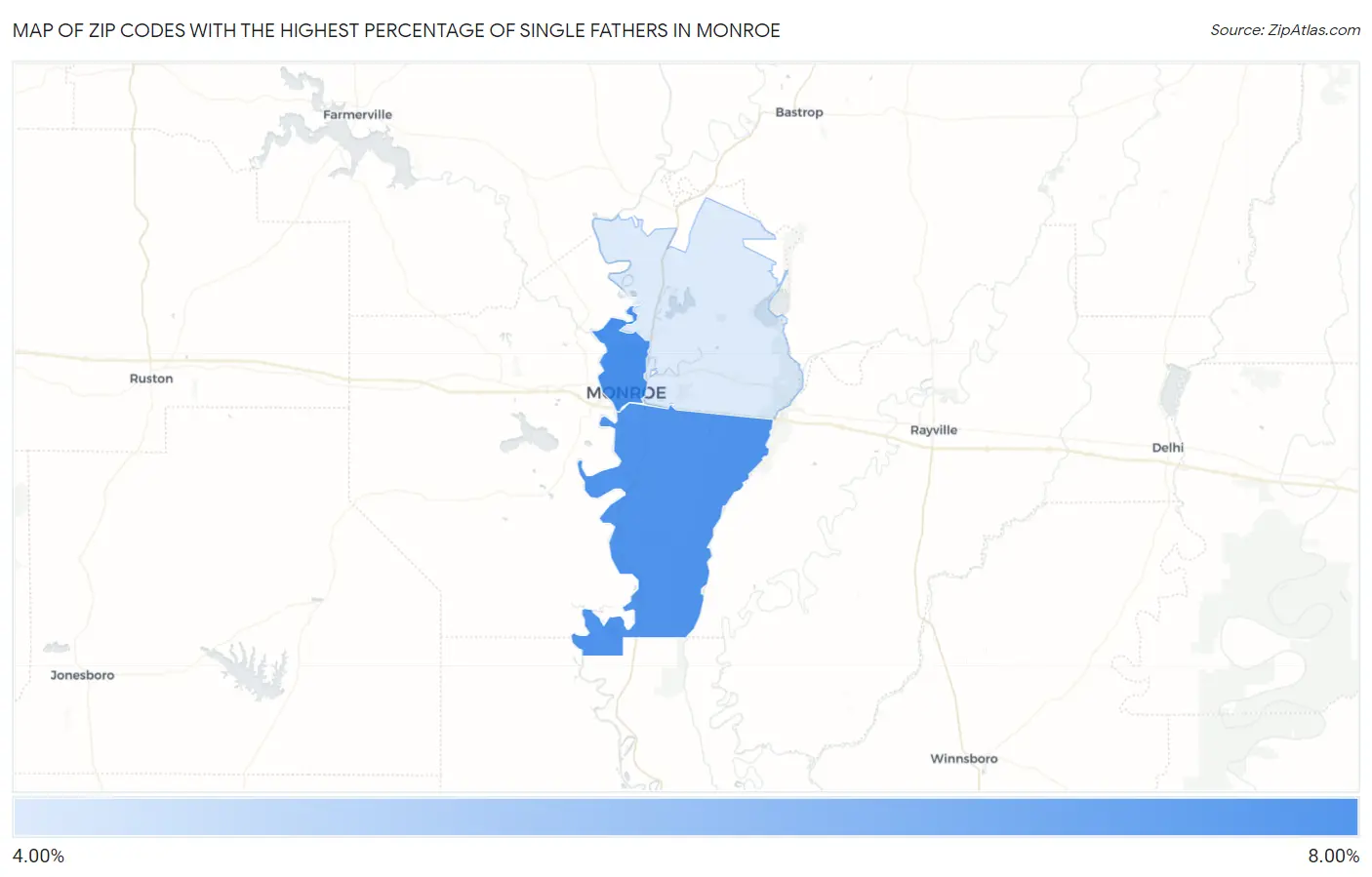 Zip Codes with the Highest Percentage of Single Fathers in Monroe Map