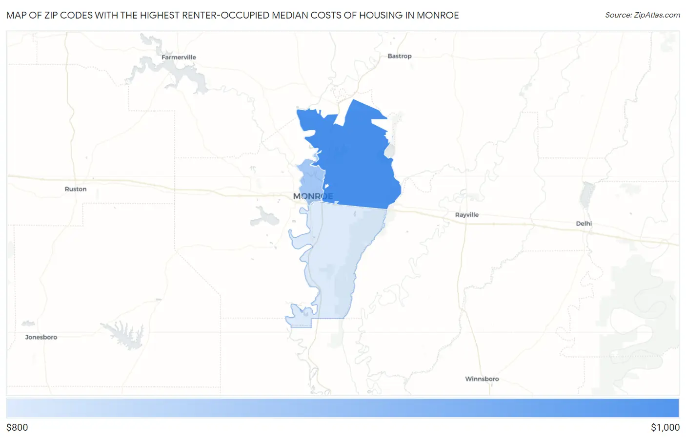 Zip Codes with the Highest Renter-Occupied Median Costs of Housing in Monroe Map