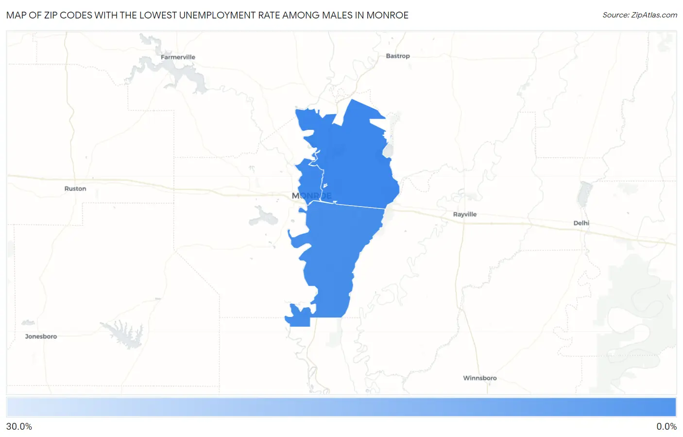 Zip Codes with the Lowest Unemployment Rate Among Males in Monroe Map