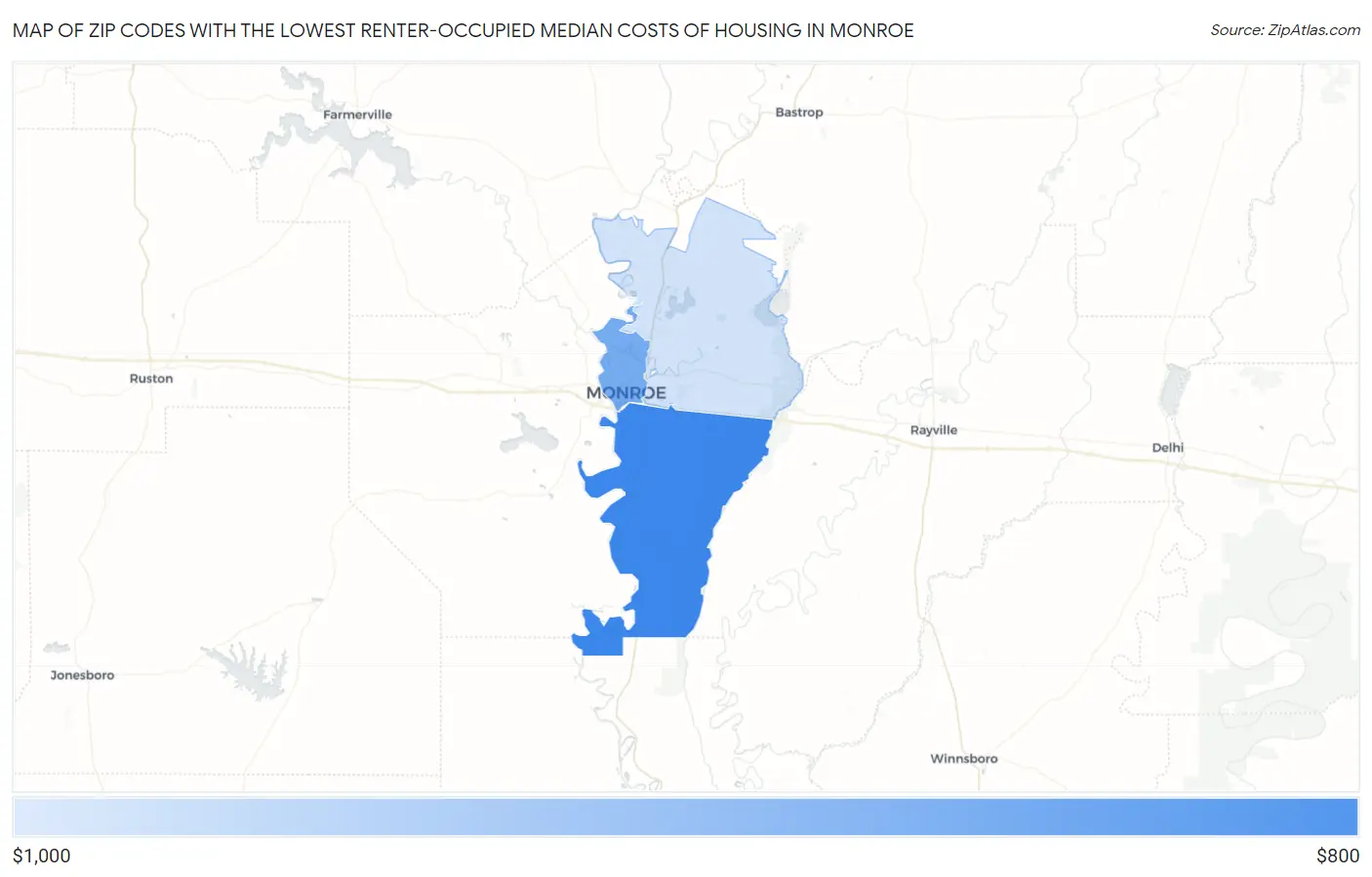 Zip Codes with the Lowest Renter-Occupied Median Costs of Housing in Monroe Map
