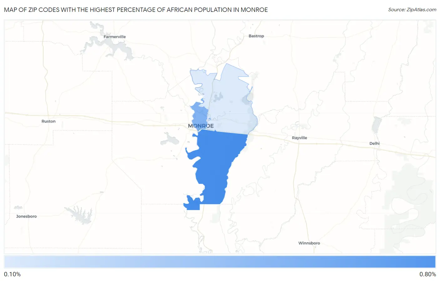Zip Codes with the Highest Percentage of African Population in Monroe Map