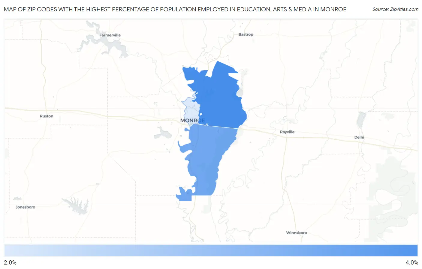 Zip Codes with the Highest Percentage of Population Employed in Education, Arts & Media in Monroe Map