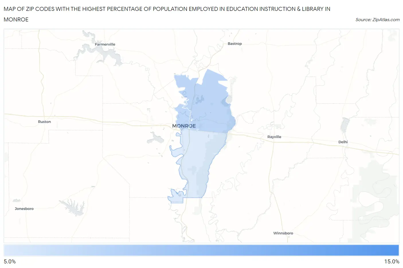 Zip Codes with the Highest Percentage of Population Employed in Education Instruction & Library in Monroe Map