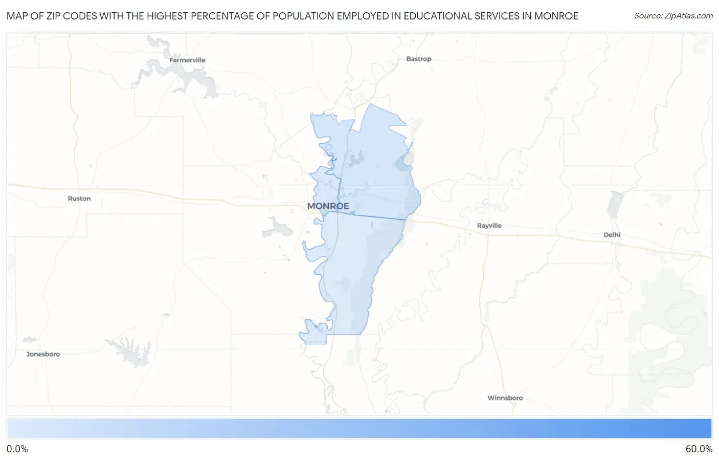 Zip Codes with the Highest Percentage of Population Employed in Educational Services in Monroe Map