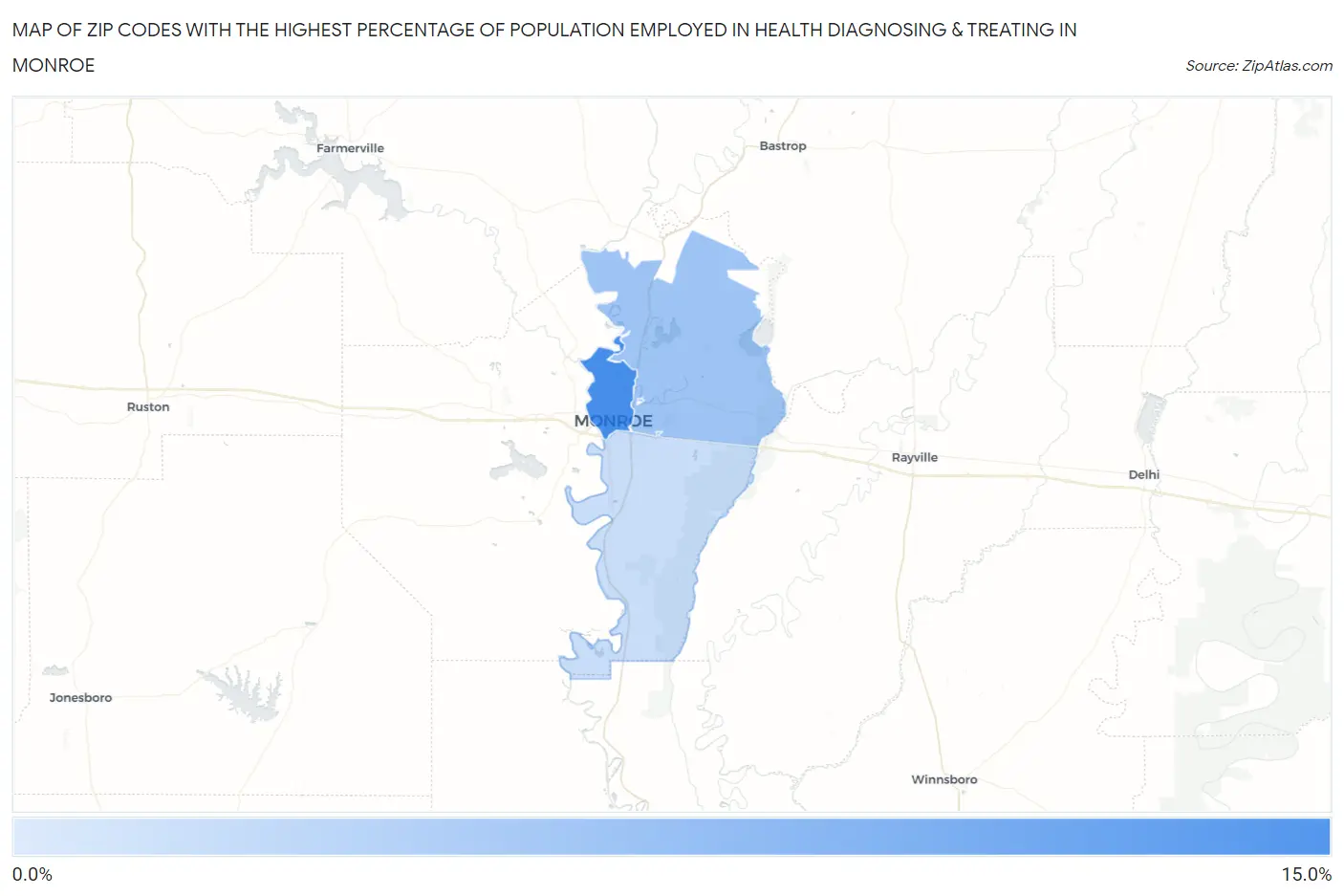 Zip Codes with the Highest Percentage of Population Employed in Health Diagnosing & Treating in Monroe Map