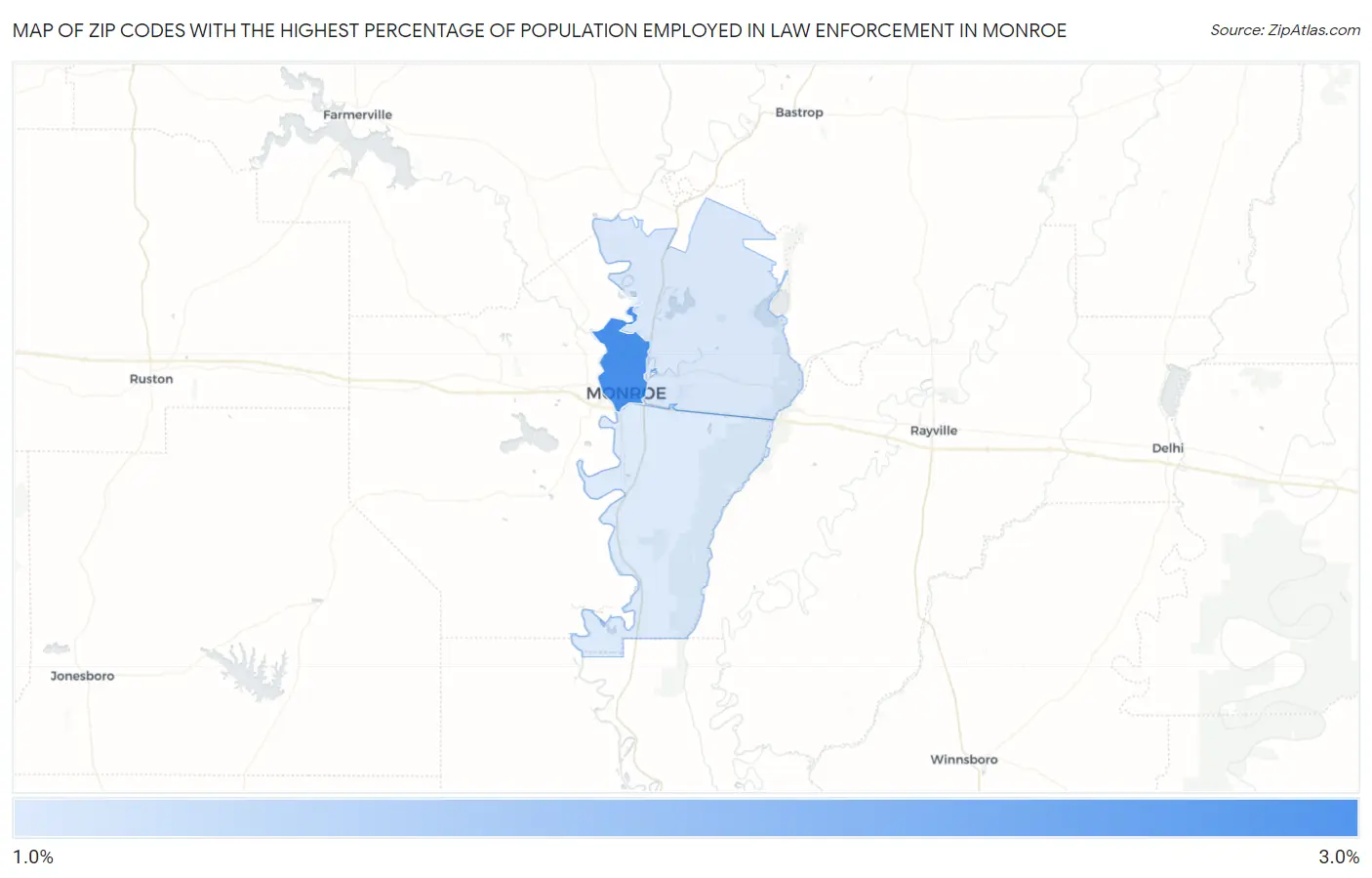 Zip Codes with the Highest Percentage of Population Employed in Law Enforcement in Monroe Map