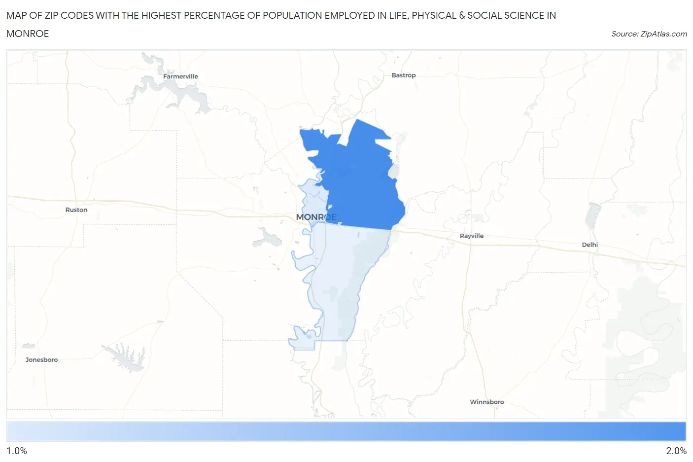 Zip Codes with the Highest Percentage of Population Employed in Life, Physical & Social Science in Monroe Map